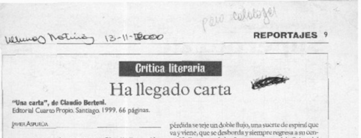 Ha llegado carta  [artículo] Javier Aspurúa