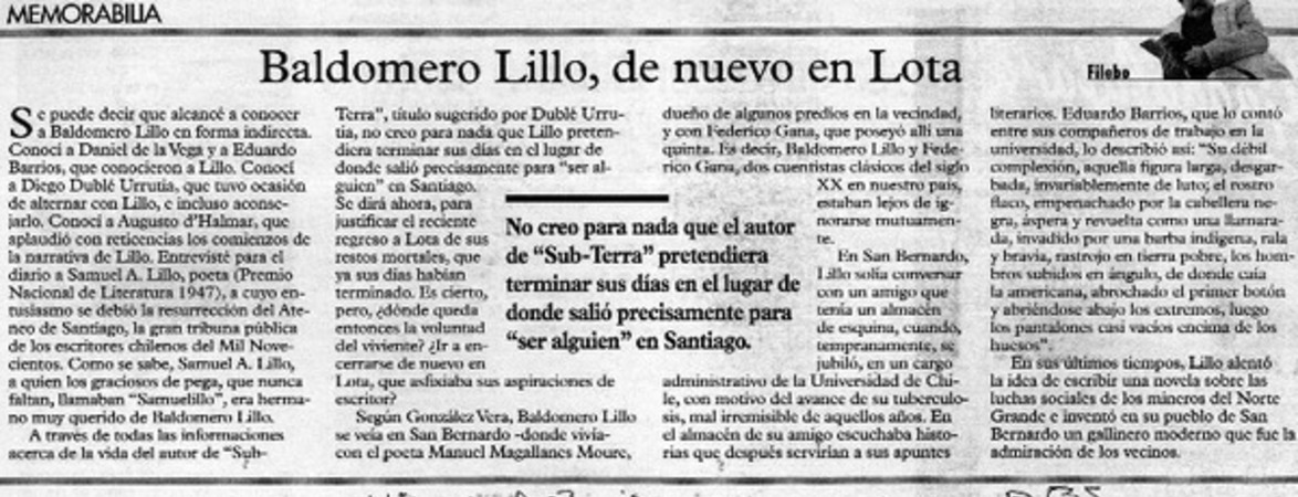 Baldomero Lillo, de nuevo en Lota  [artículo] Filebo
