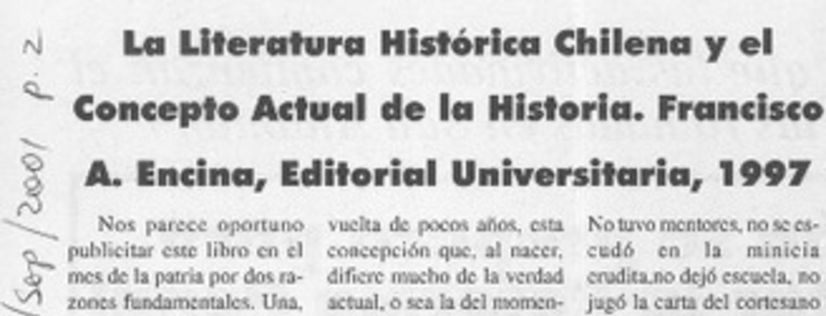 La literatura chilena y el concepto actual de la historia, Francisco A. Encina, Editorial Universitaria, 1997  [artículo]