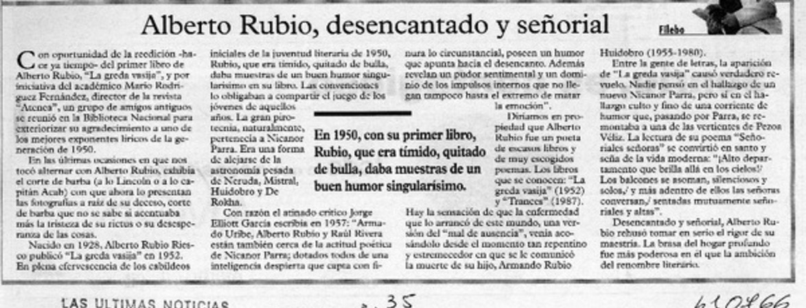 Alberto Rubio, desencantado y señorial  [artículo] Filebo