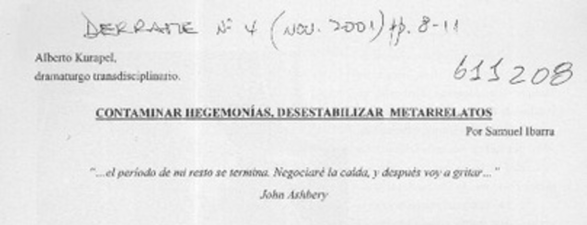 Contaminar hegemonías, desestabilizar metarrelatos  [artículo] Samuel Ibarra