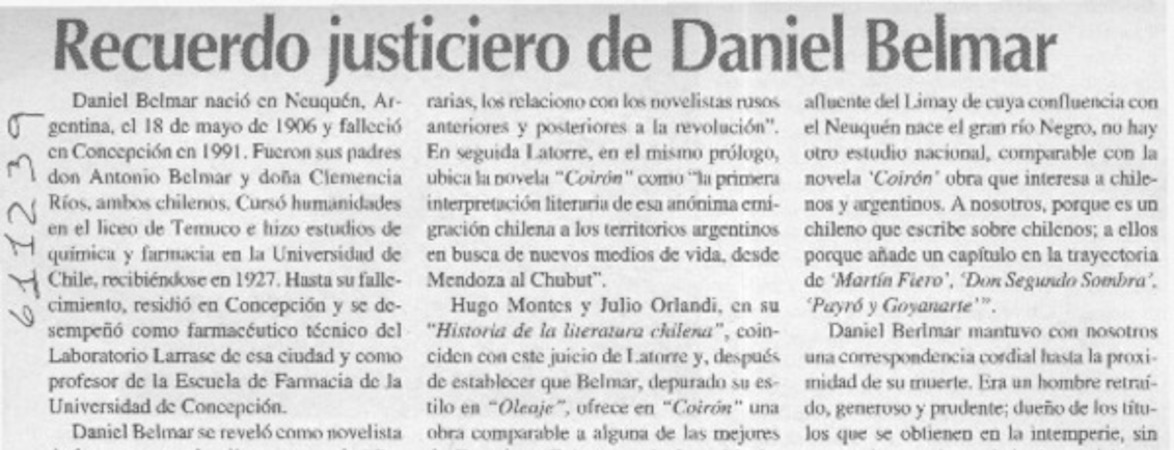 Recuerdo justiciero de Daniel Belmar  [artículo] Luis Merino Reyes