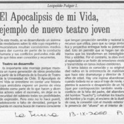 El apocalipsis de mi vida, ejemplo de nuevo teatro joven  [artículo] Leopoldo Pulgar