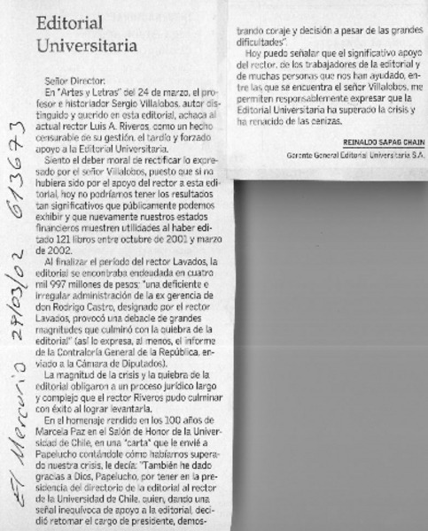 Editorial universitaria  [artículo] Reinaldo Sapag Chain