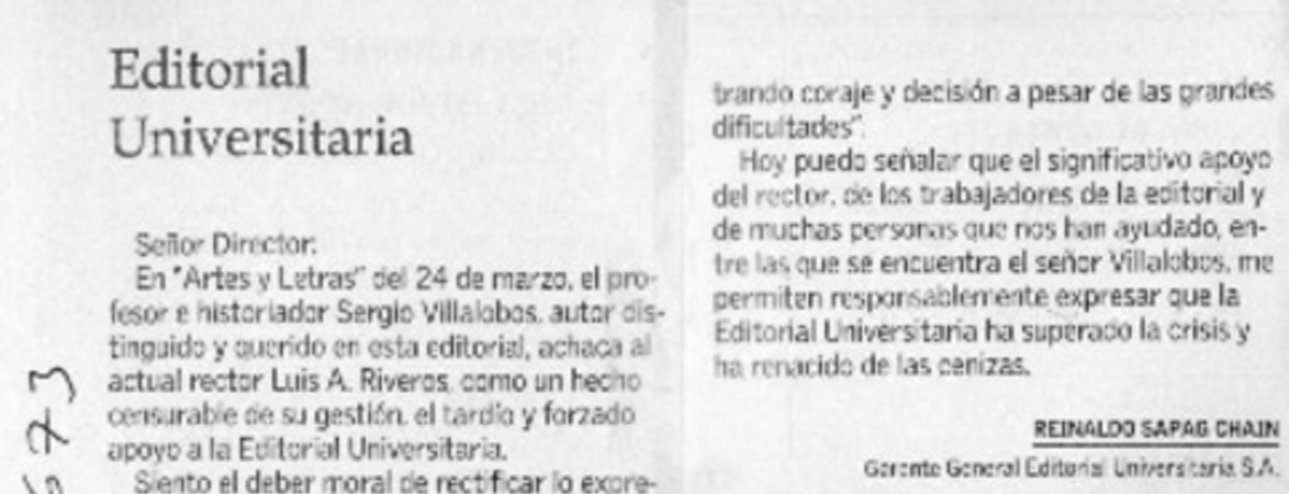 Editorial universitaria  [artículo] Reinaldo Sapag Chain