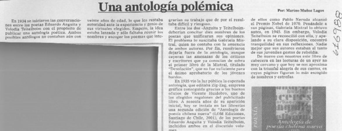 Una antología polémica  [artículo] Marino Muñoz Lagos