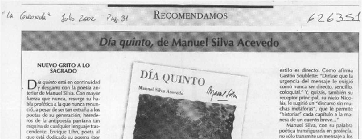 Día quinto, de Manuel Silva Acevedo  [artículo]