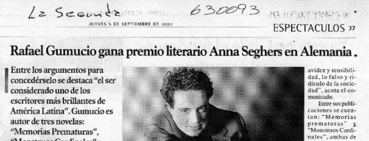 Rafael Gumucio gana premio literario Anna Seghers en Alemania  [artículo]