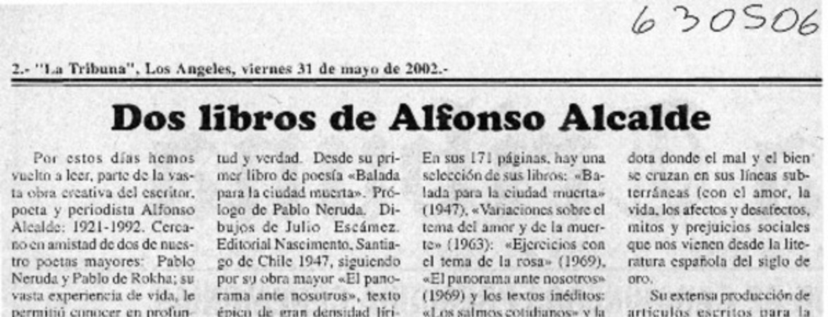Dos libros de Alfonso Alcalde  [artículo] Ramón Riquelme