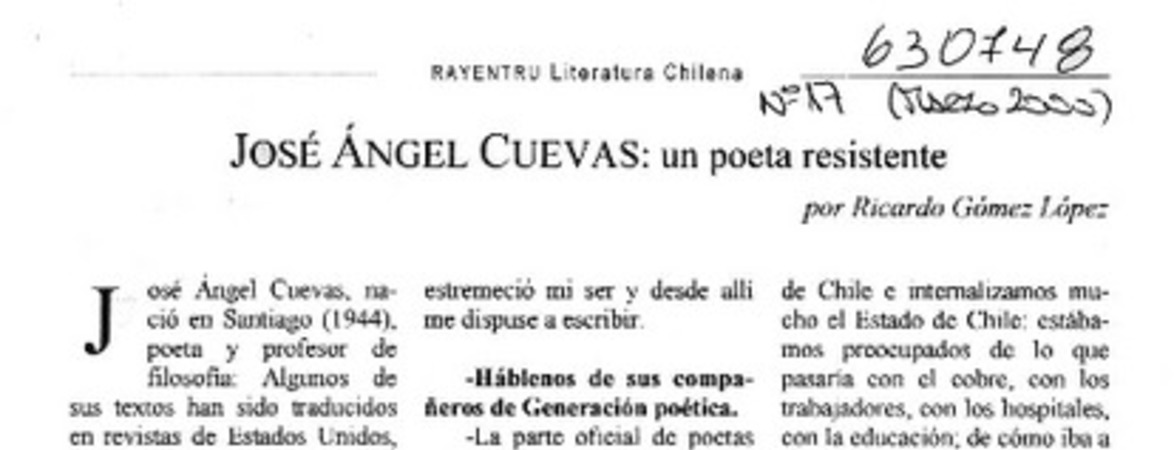 José Angel Cuevas, un poeta resistente  [artículo] Ricardo Gómez López