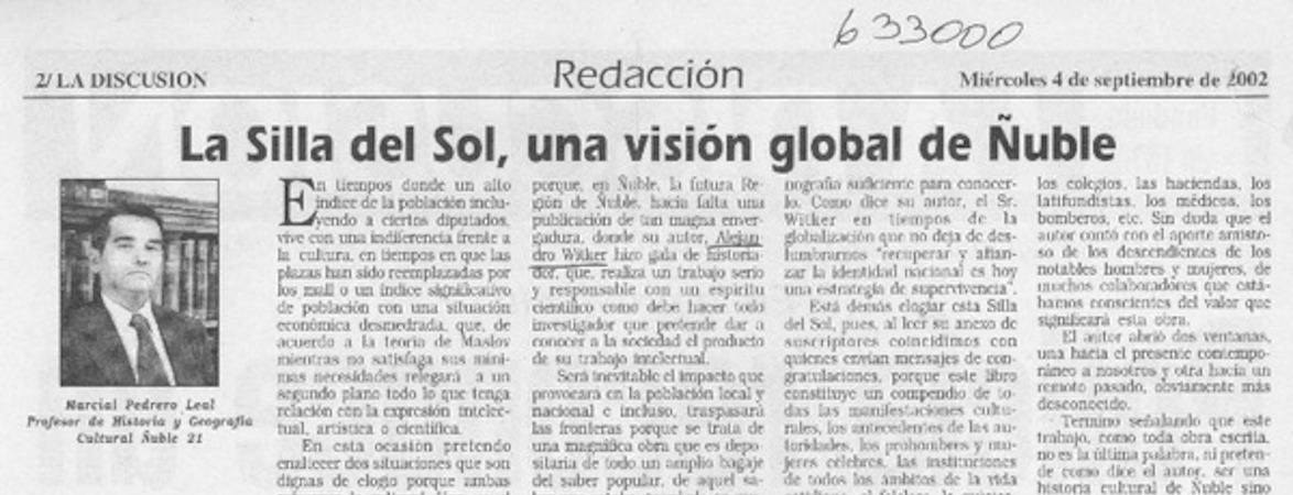 La silla del sol, una visión global de Ñuble  [artículo] Marcial Pedrero Leal