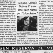 Benjamín Galemiri obtiene Premio José Nuez Martín por "Edipo asesor"  [artículo]