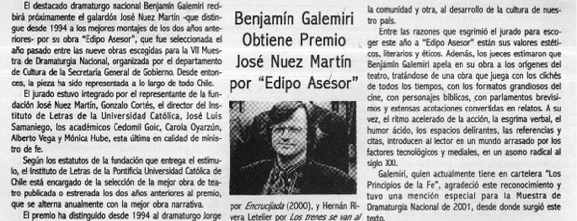 Benjamín Galemiri obtiene Premio José Nuez Martín por "Edipo asesor"  [artículo]