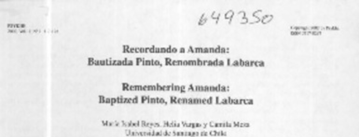 Recordando a Amanda, bautizada Pinto, renombrada Labarca  [artículo] María Isabel Reyes <y> Helia Vargas