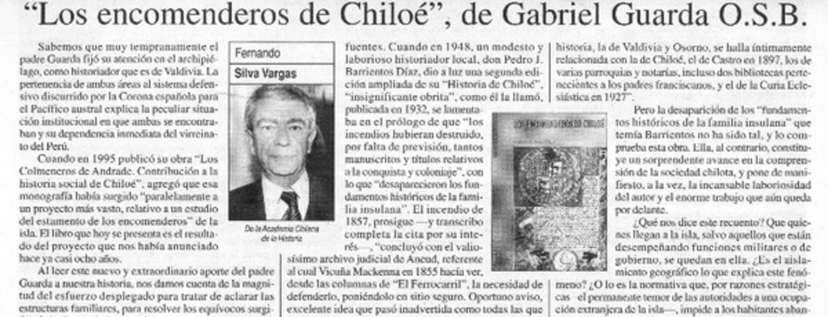 "Los encomenderos de Chiloé", de Gabriel Guarda O.S.B.  [artículo] Fernando Silva Vargas