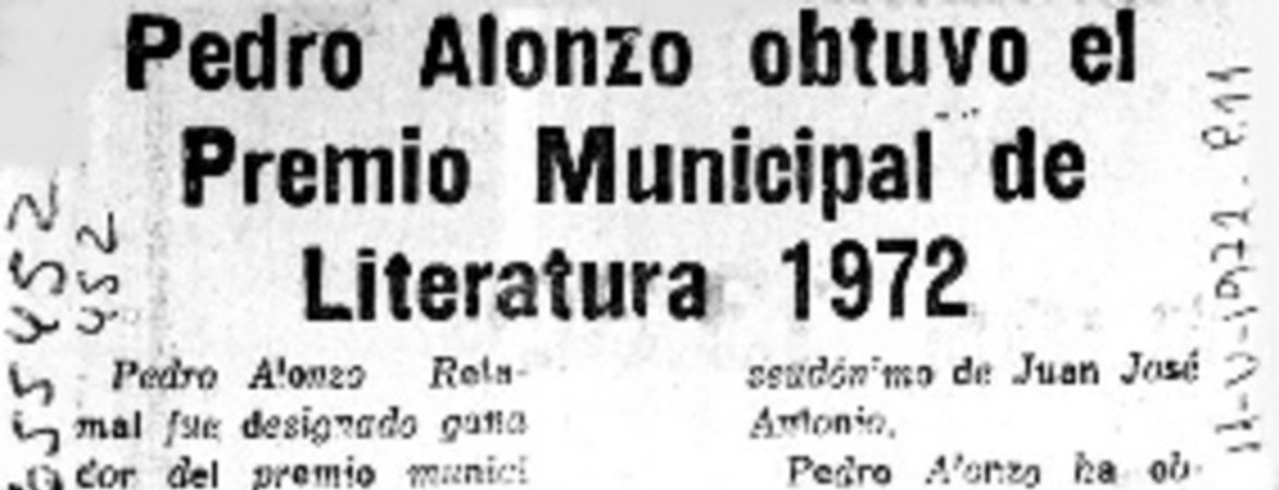 Pedro Alonzo obtuvo el Premio Municipal de Literatura 1972.  [artículo]
