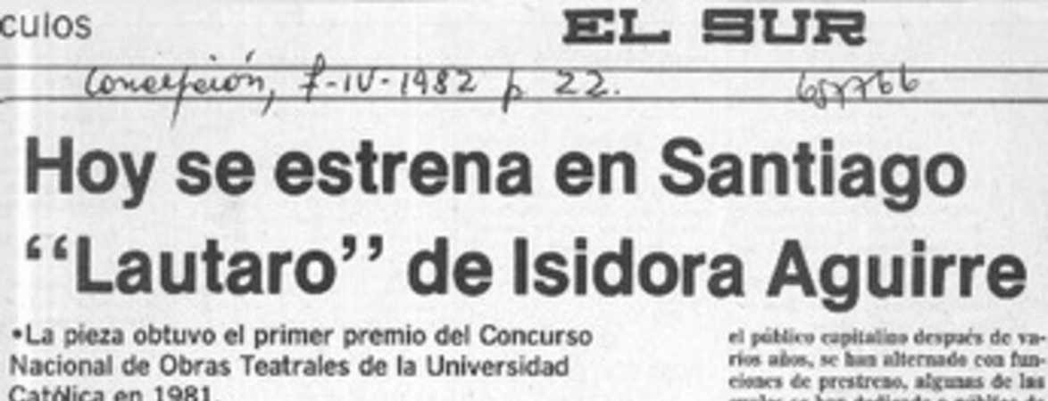 Hoy se estrena en Santiago "Lautaro" de Isidora Aguirre.  [artículo]