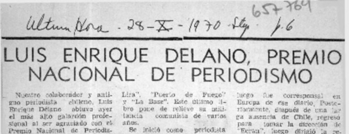 Luis Enrique Délano, premio nacional de periodismo.  [artículo]