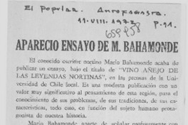 Apareció ensayo de M. Bahamonde  [artículo] Guillermo Deisler G.