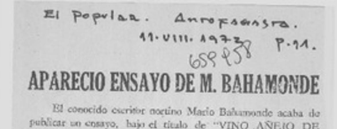 Apareció ensayo de M. Bahamonde  [artículo] Guillermo Deisler G.