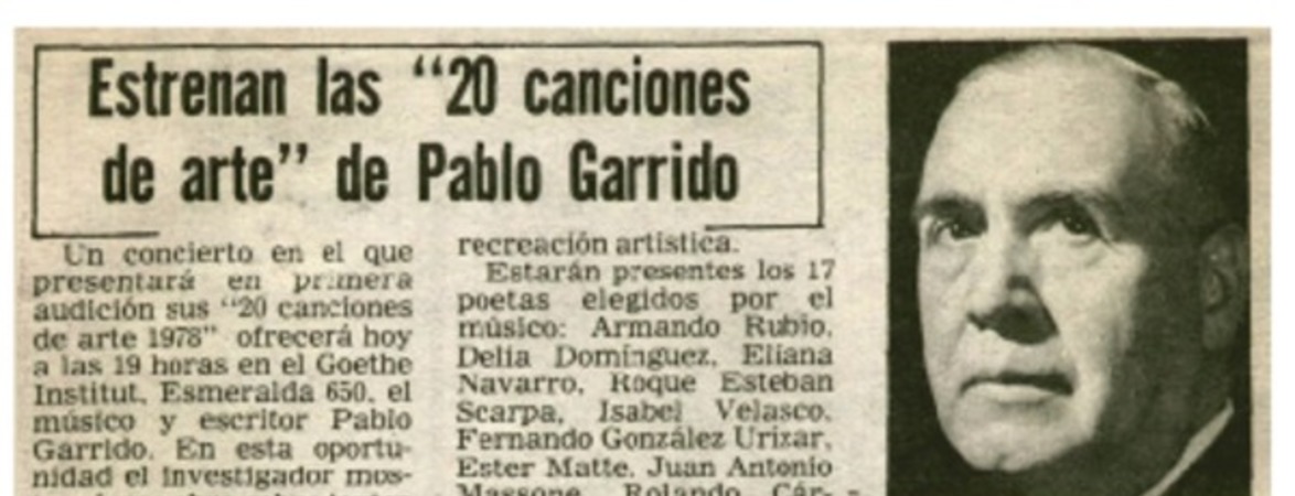 Estrenan las "20 canciones de arte" de Pablo Garrido.