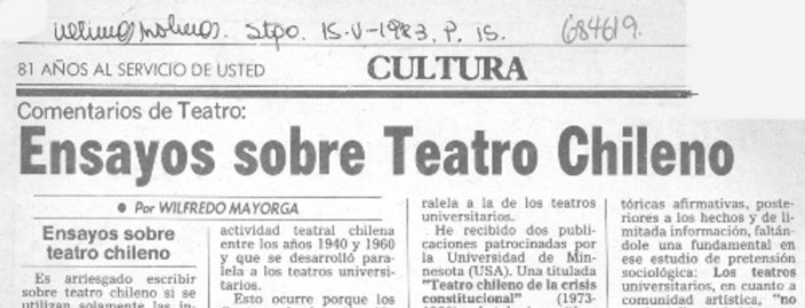 Ensayos sobre teatro chileno.