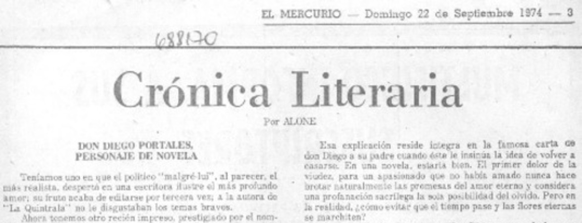 Don Diego Portales, personaje de novela