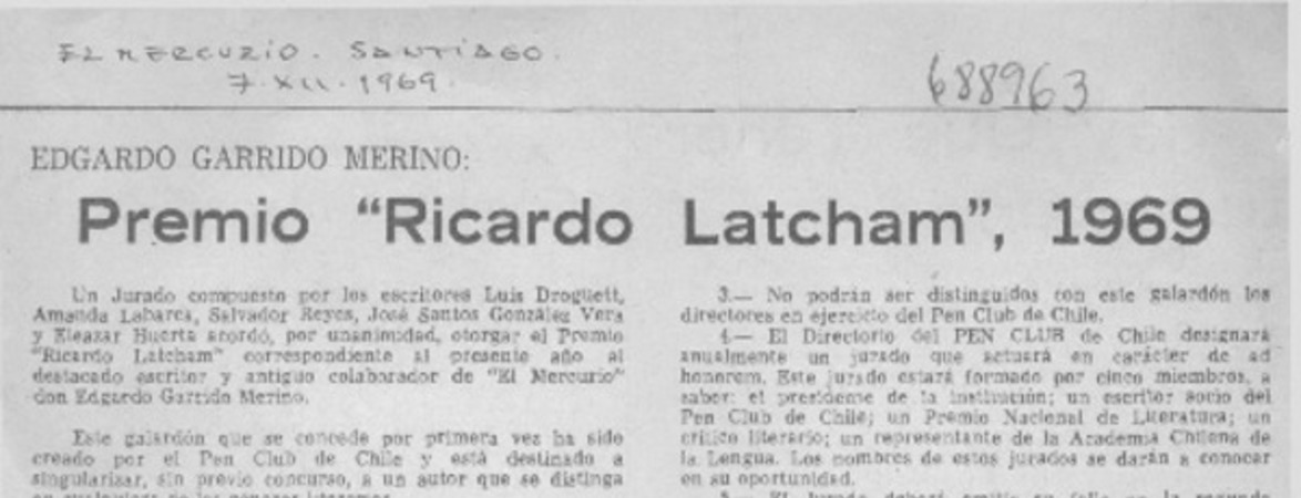 Premio "Ricardo Latcham", 1969.