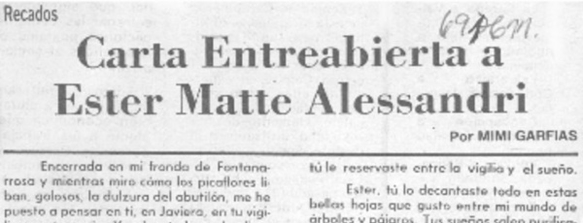 Carta entreabierta a Ester Matte Alessandri