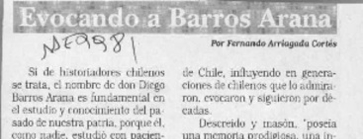 Evocando a Barros Arana  [artículo] Fernando Arriagada Cortés.
