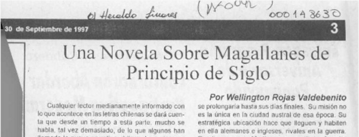 Una novela sobre Magallanes de principio de siglo  [artículo] Wellington Rojas Valdebenito.