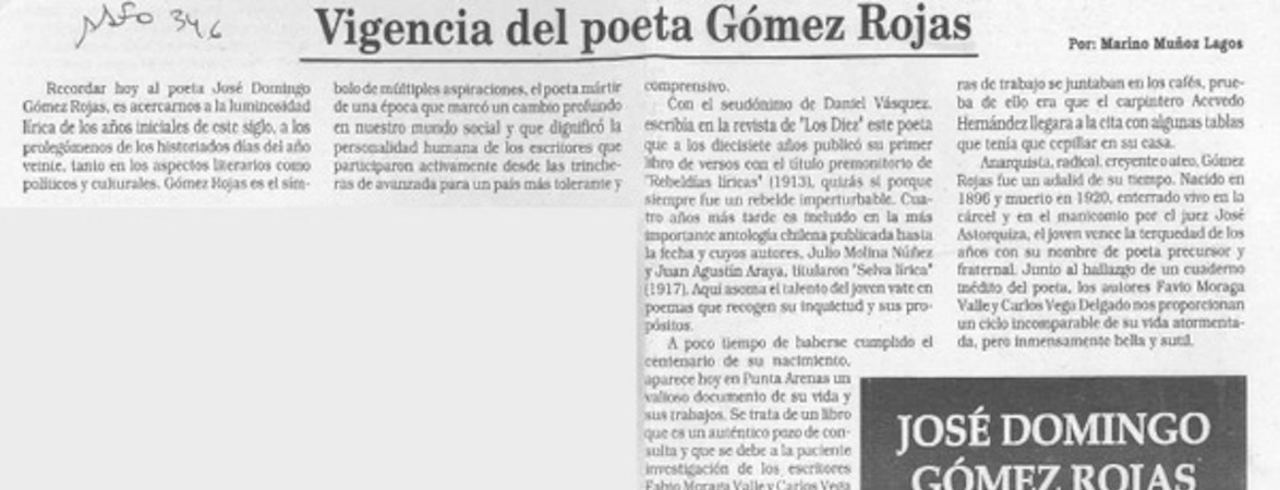 Vigencia del poeta Gómez Rojas  [artículo] Marino Muñoz Lagos.