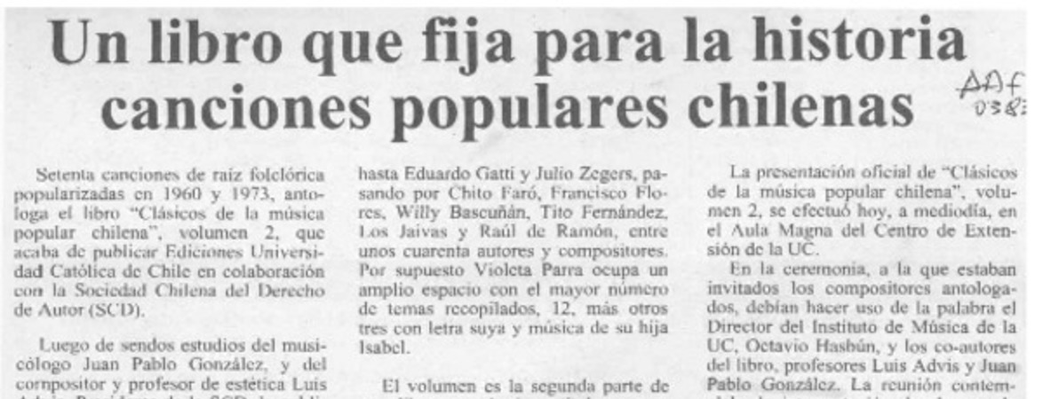Un Libro que fija para la historia canciones populares chilenas  [artículo].