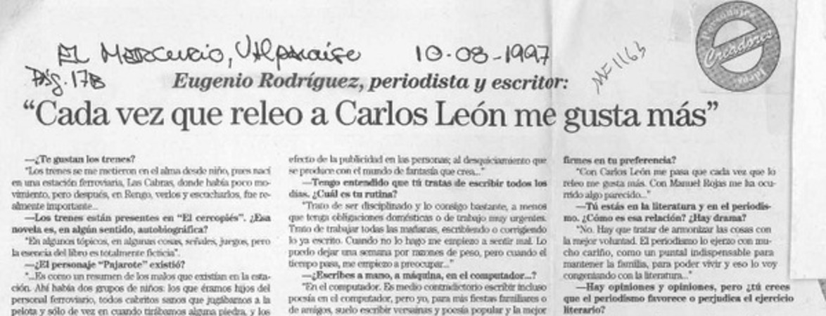 "Cada vez que releo a Carlos León me gusta más"  [artículo] Bernando Soria.