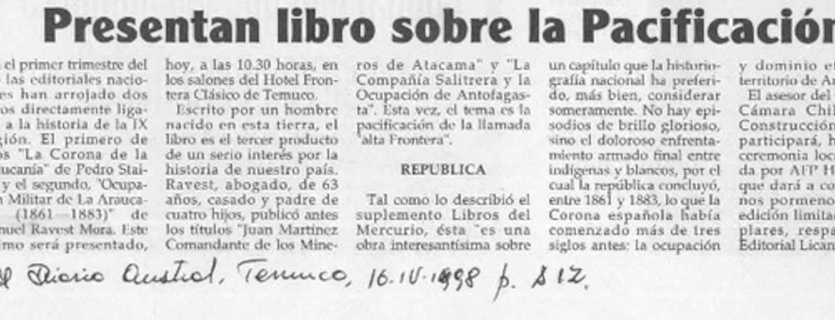 Presentan libro sobre la pacificación[  [artículo].