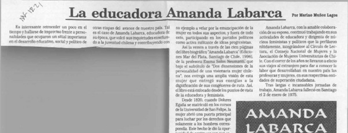 La educadora Amanda Labarca  [artículo] Marino Muñoz Lagos.