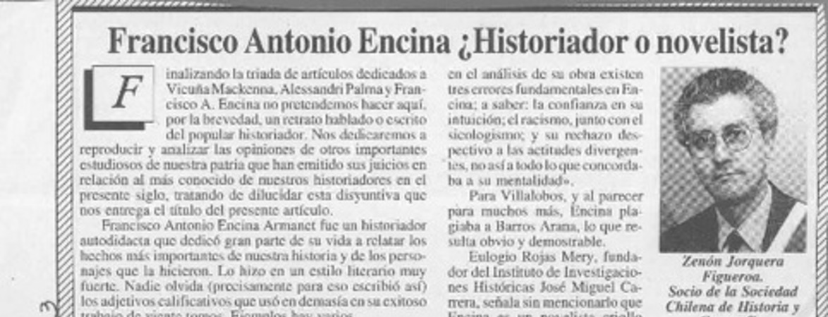 Francisco Antonio Encina, historiador o novelista?  [artículo] Zenón Jorquera Rojas.