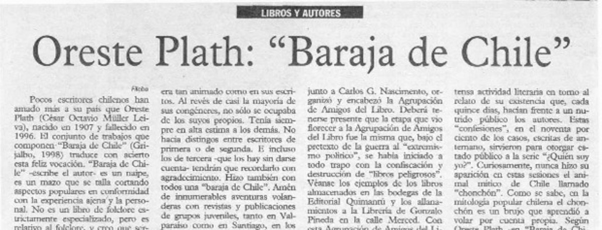 Oreste Plath, "Baraja de Chile"  [artículo] Filebo.