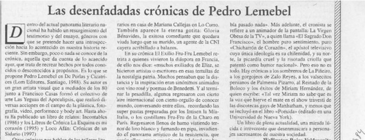 Las desenfadadas crónicas de Pedro Lemebel  [artículo] Wellington Rojas Valdebenito.