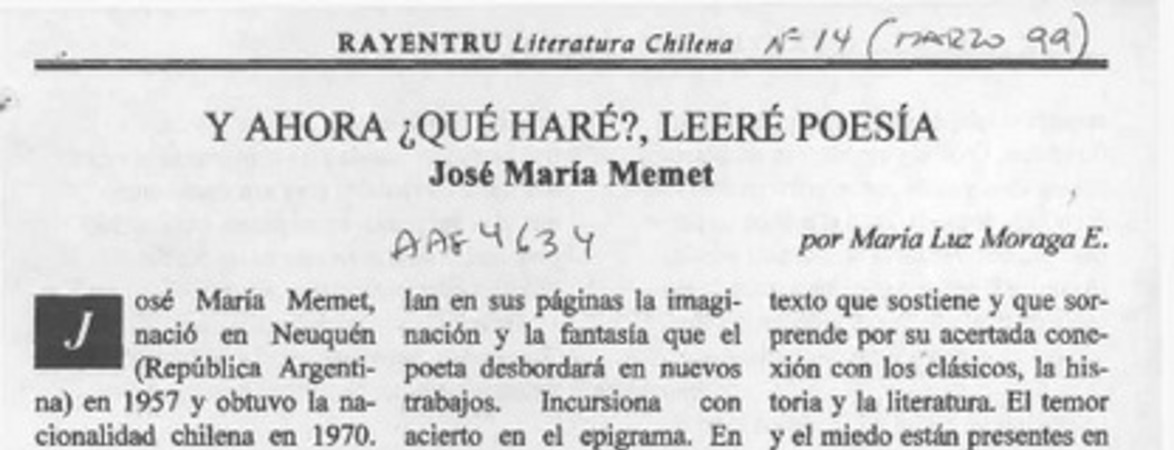 Y ahora qué haré?, leeré poesía  [artículo] María Luz Moraga E.