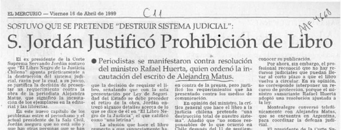 S. Jordán justificó prohibición de libro  [artículo].