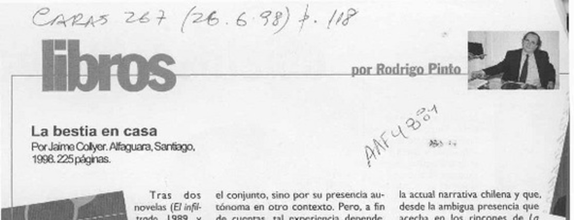 La bestia en casa  [artículo] Rodrigo Pinto.
