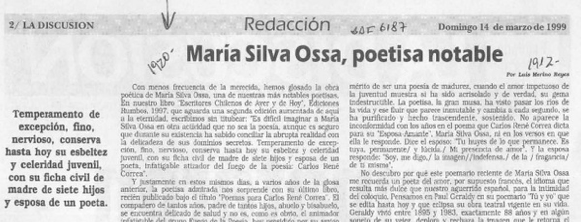 María Silva Ossa, poetisa notable  [artículo] Luis Merino Reyes.