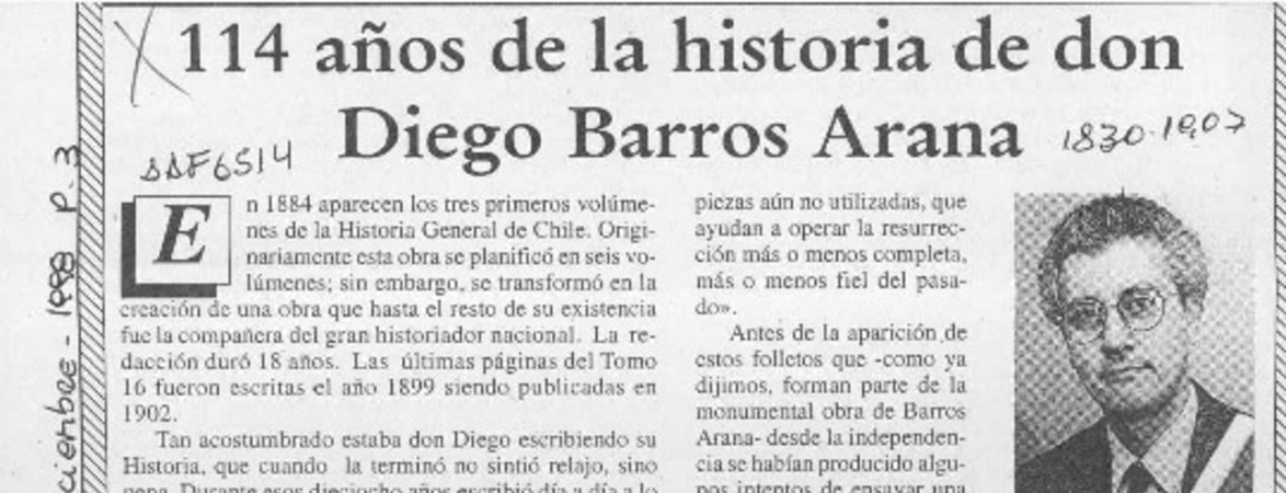 114 años de la historia de don Diego Barros Arana  [artículo] Zenón Jorquera Figueroa.