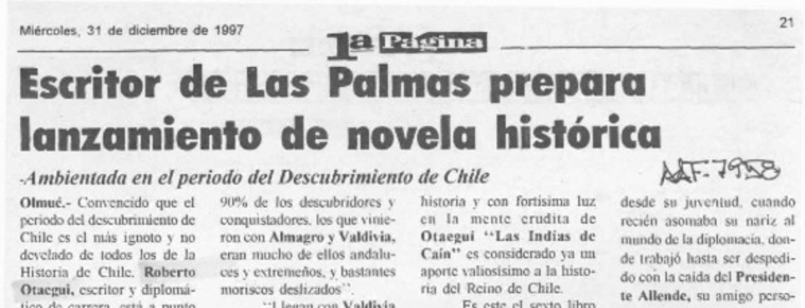 Escritor de Las Palmas prepara lanzamiento de novela histórica  [artículo].