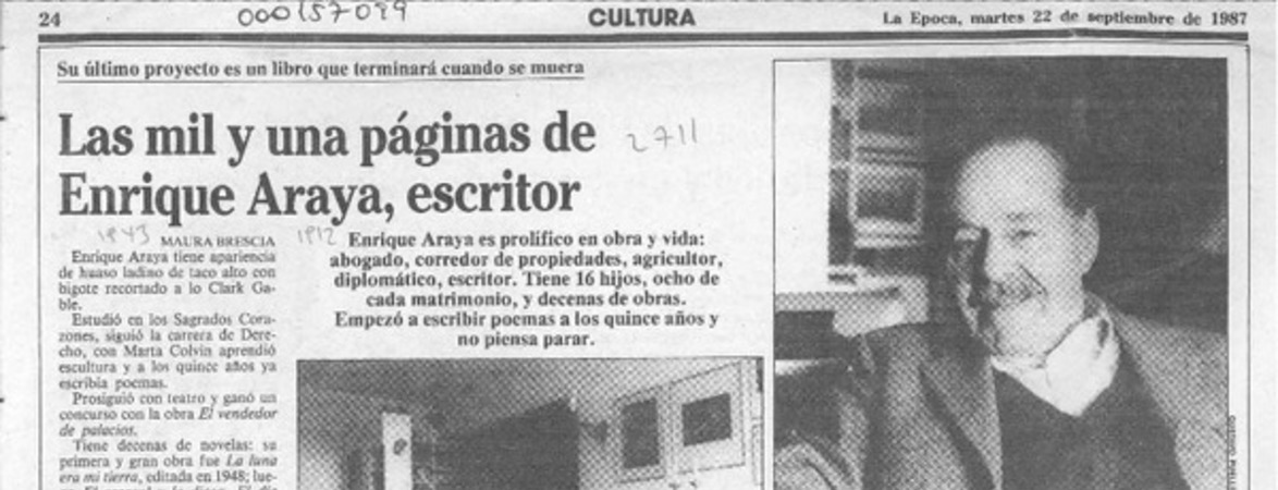 Las mil y una páginas de Enrique Araya, escritor  [artículo] Maura Brescia.