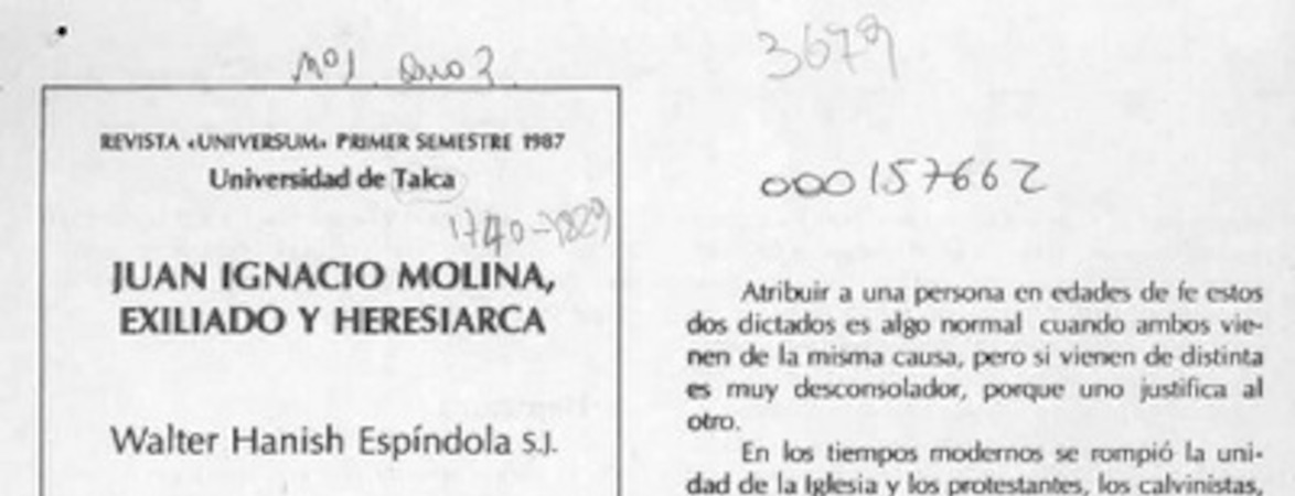 Juan Ignacio Molina, exiliado y heresiarca  [artículo] Walter Hanisch Espíndola.