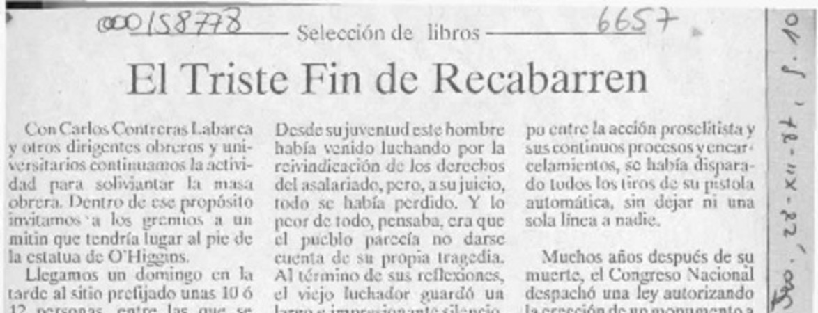 El Triste fin de Recabarren  [artículo].