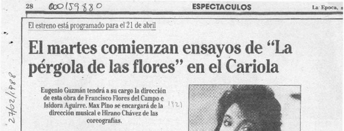 El Martes comienzan ensayos de "La pérgola de las flores" en el Cariola  [artículo].