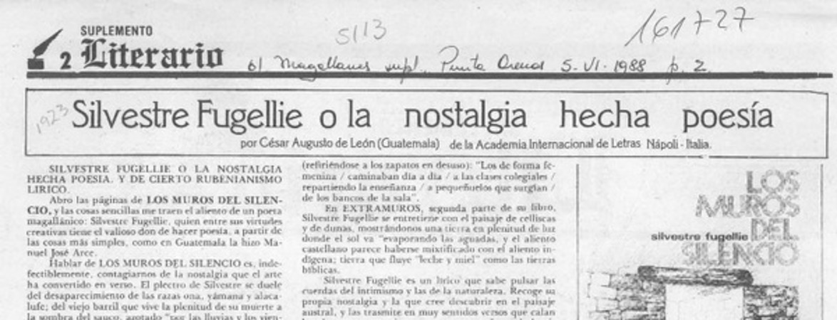 Silvestre Fugellie o la nostalgia hecha poesía  [artículo] César Augusto de León.